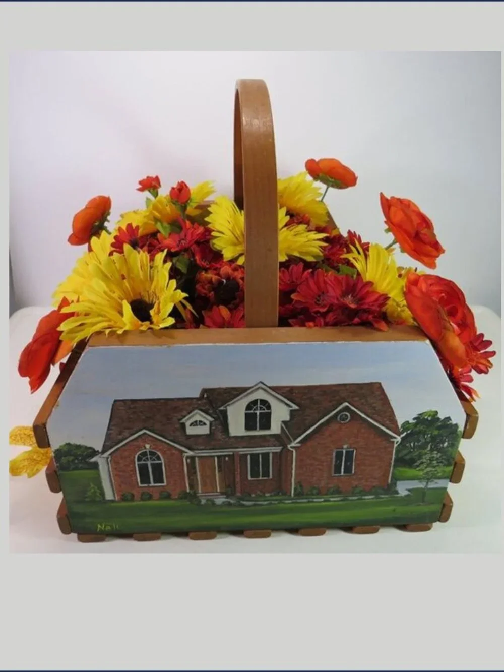 Fall Wooden Basket Floral Centerpiece Hand Painted House Signed Nell Farmhouse